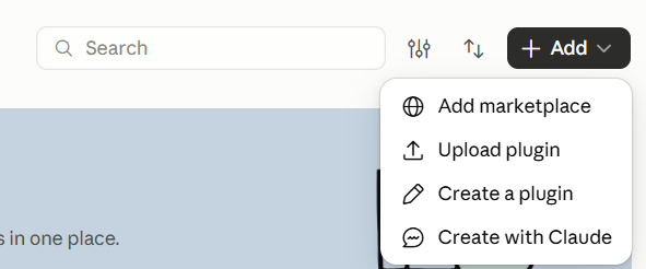 In Claude, Add opens Upload plugin and Add marketplace