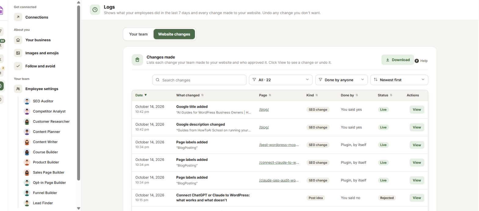 Website changes: each change with its page, kind, who did it and status