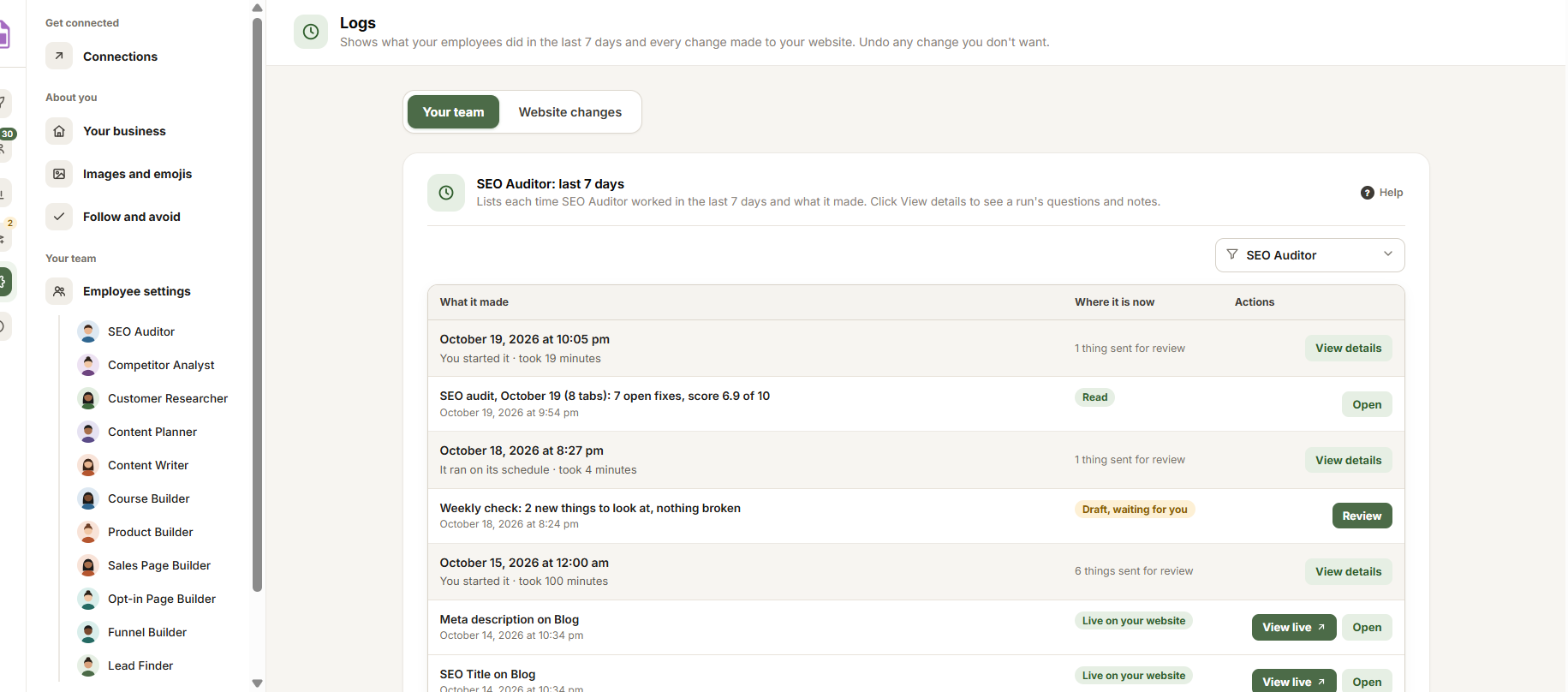 Logs: each SEO Auditor run with what it made