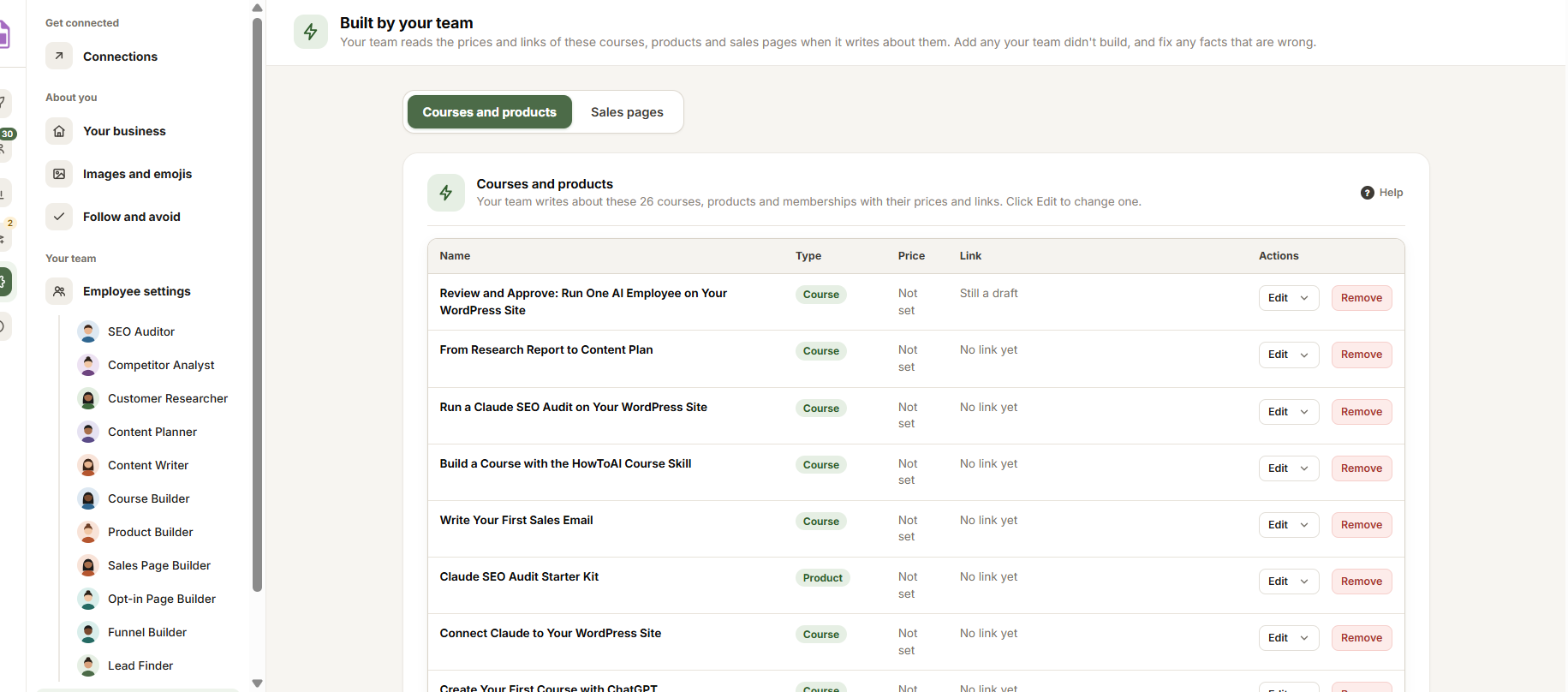 Built by your team: courses and products with their type, price and link