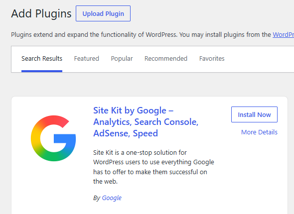 Site Kit by Google in WordPress Add Plugins