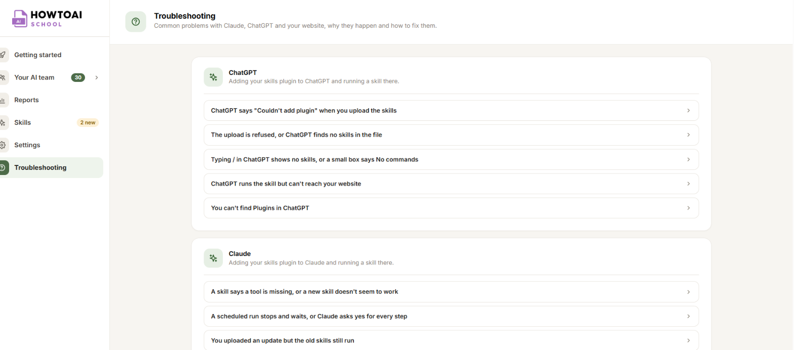 The Troubleshooting screen in the plugin