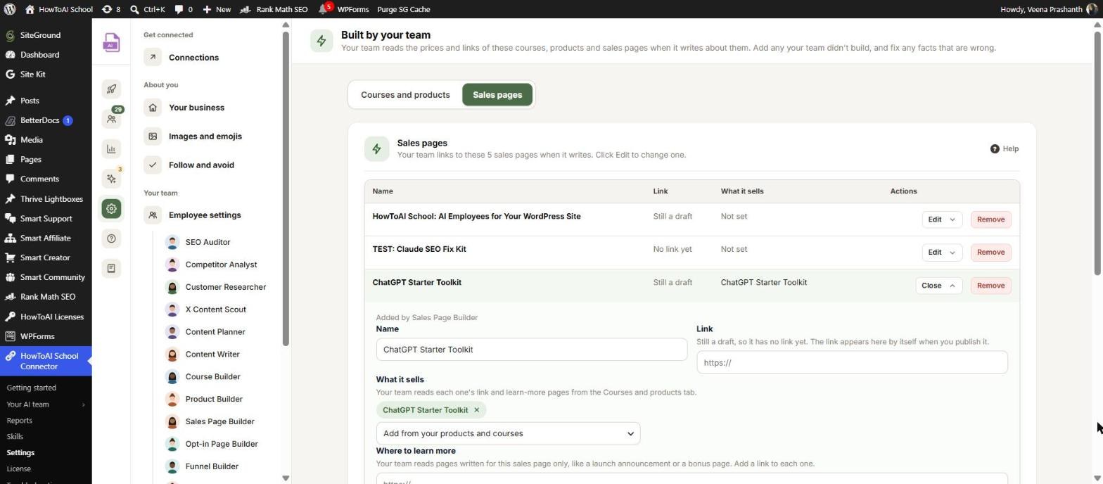 A sales page open in Built by your team, with what it sells and its facts