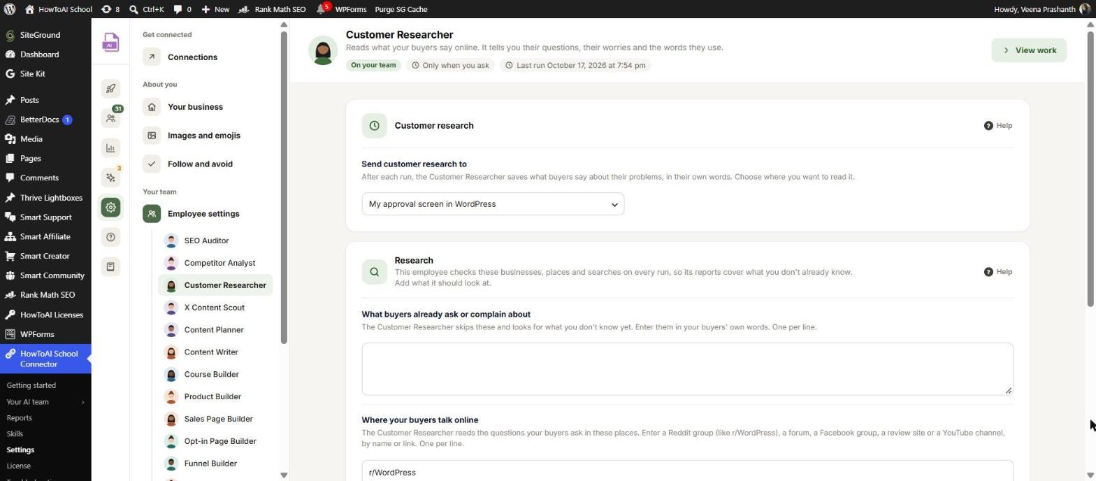 The Customer Researcher’s settings in WordPress