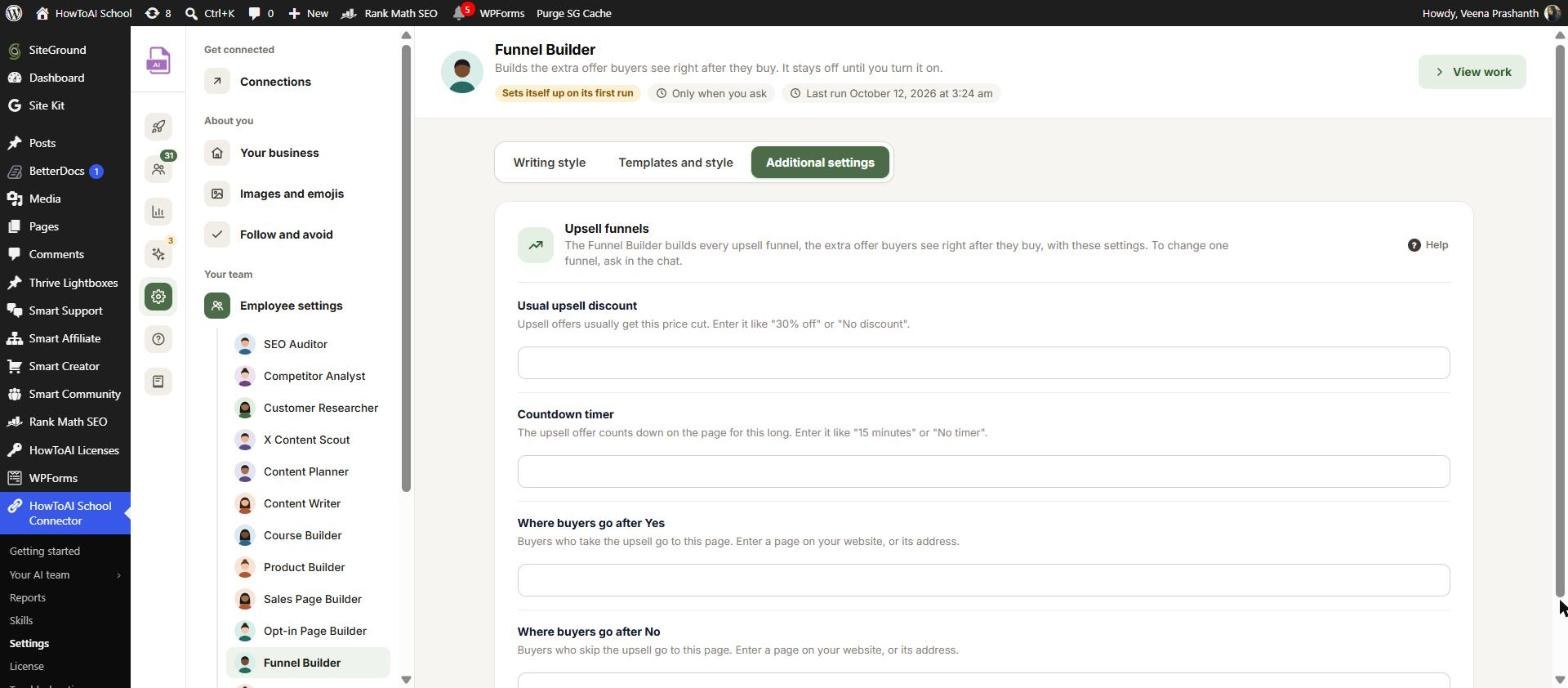 The Funnel Builder’s settings, with the Upsell funnels card