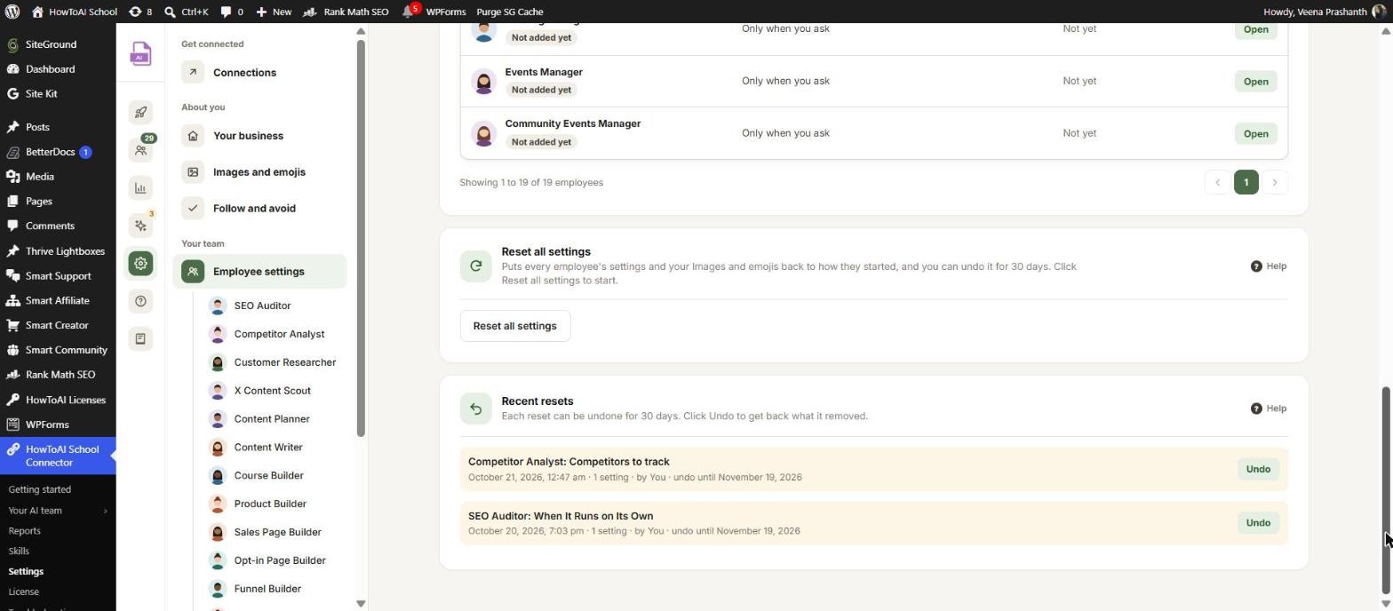 Reset all settings and Recent resets, with Undo beside each reset