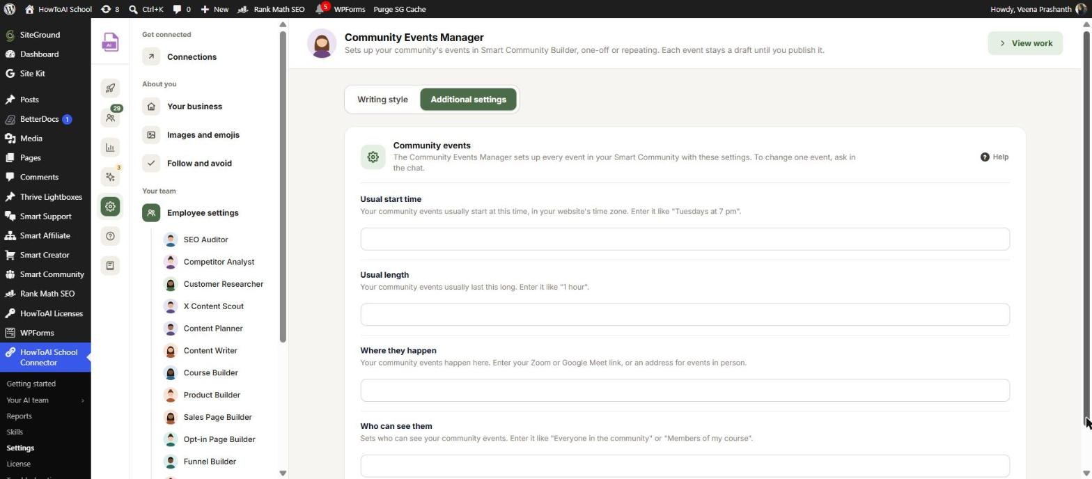 The Community Events Manager’s settings, with the Community events card
