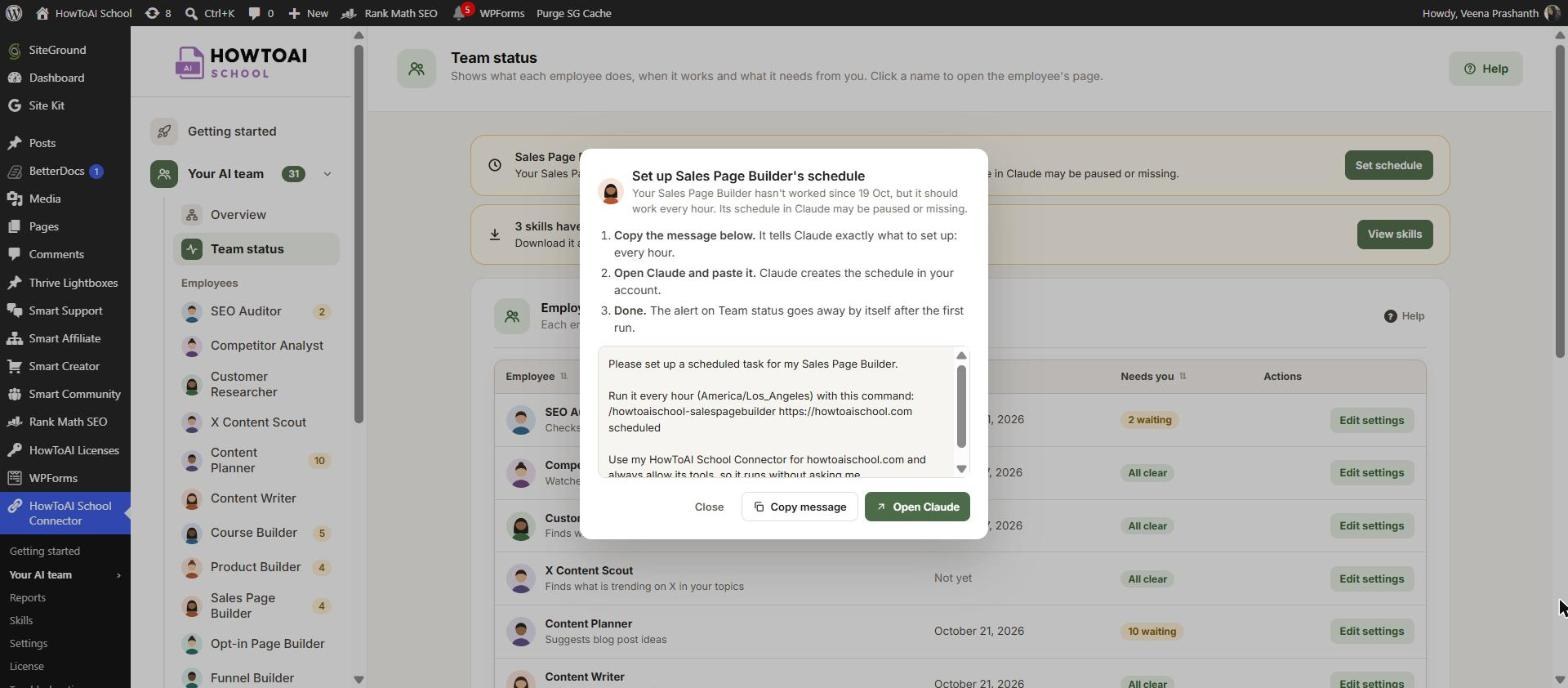 The Set schedule popup, with the message to paste into Claude