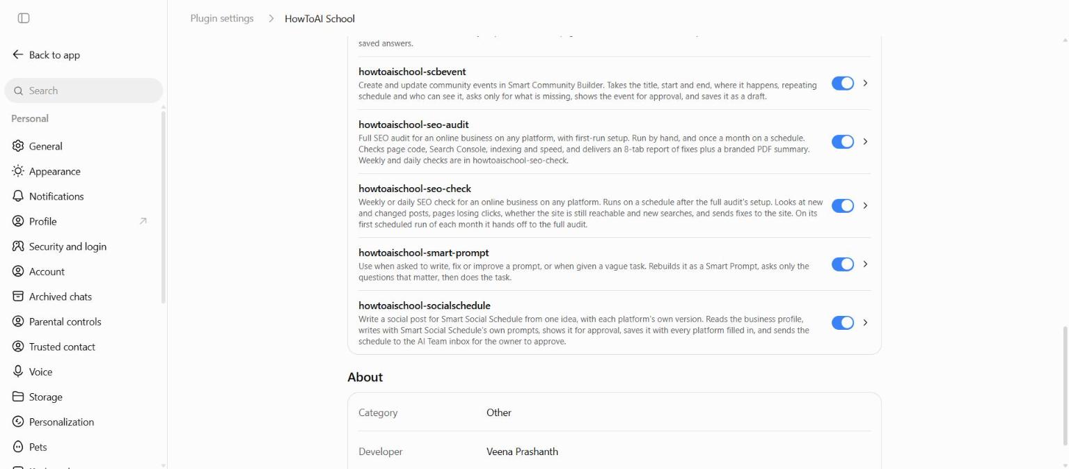 Smart Prompt listed with the other skills in the HowToAI School skills plugin