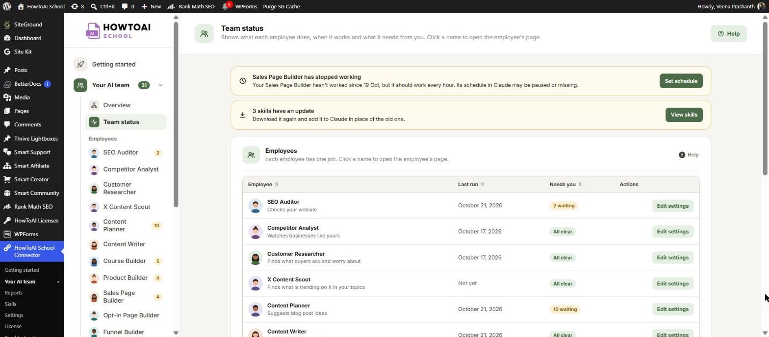 The HowToAI School Connector menu in WordPress