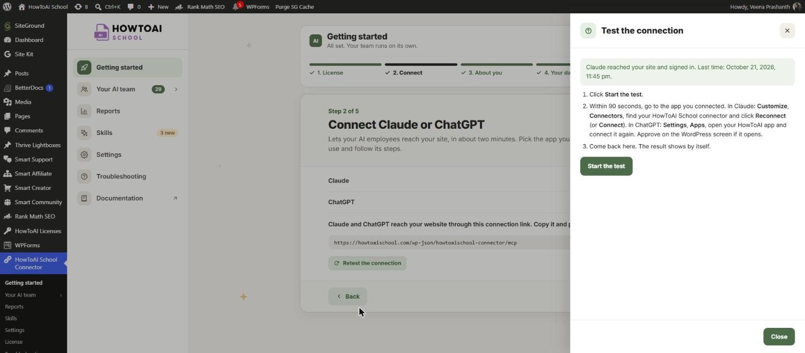 The Test the connection panel in Getting started, with the Start the test button