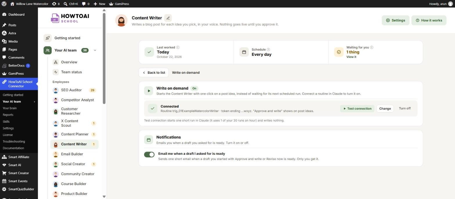 Write on demand connected, with Test connection, Change and Turn off
