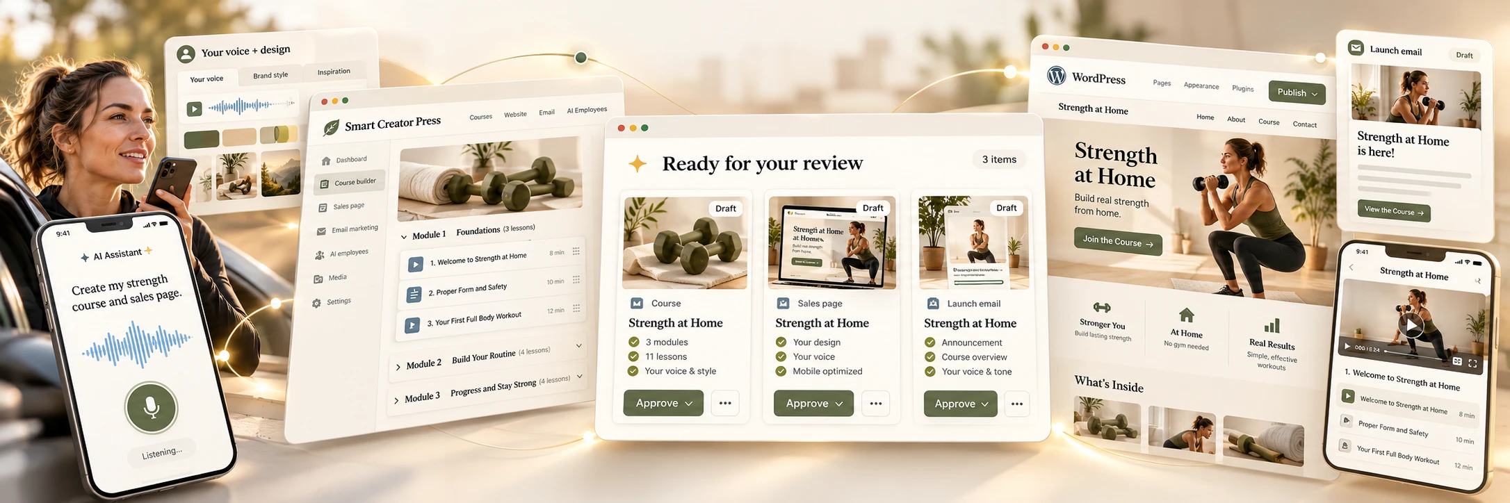 Speak your request while out: your saved voice and design guide a Strength at Home course in Smart Creator Press, a WordPress sales-page draft and launch email. A central review board has Approve buttons, with additional voice-chat and student course screens on both sides.
